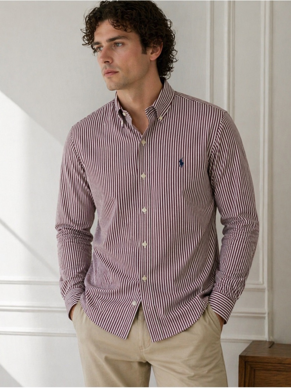 Ralph Lauren Men’s Burgundy and White Striped Button-Down Shirt 16 1/2 Long